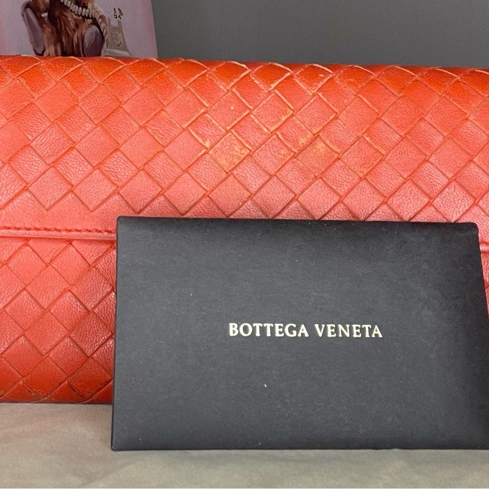 Bottega Veneta Orange Intrecciato Nappa Leather Flap Waller